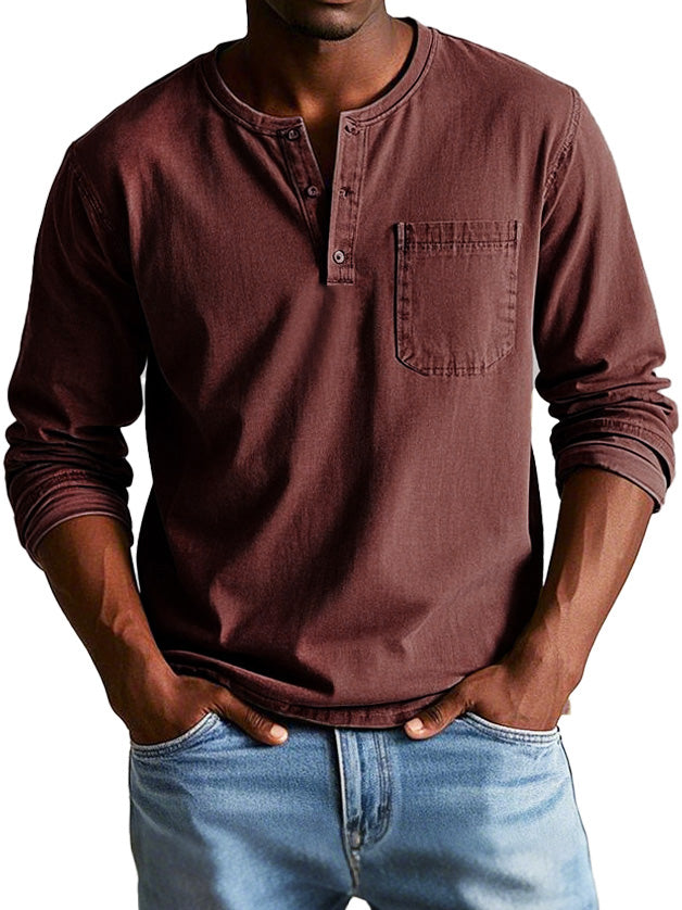 T-shirt Henley manches longues homme | Avec poche poitrine