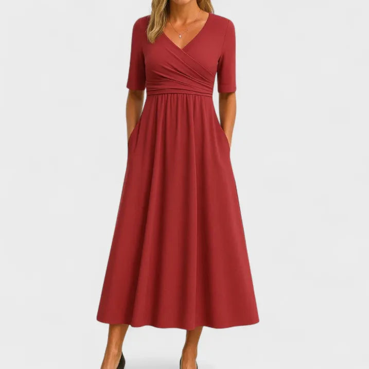 Robe portefeuille à manches 3/4 et col en V pour femmes | Midi