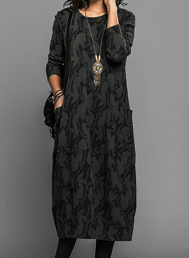 Women's Floral Crew Neck Midi Dress | with Long Sleeves