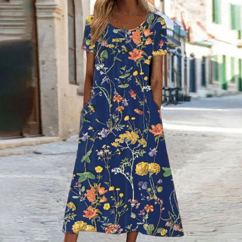 Robe d'été midi à motif floral avec poches pour femmes