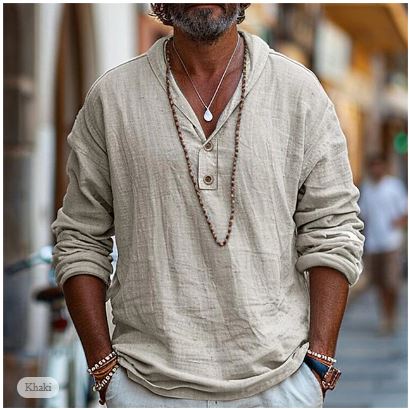 Camicia di lino stile Henley da uomo | Manica lunga