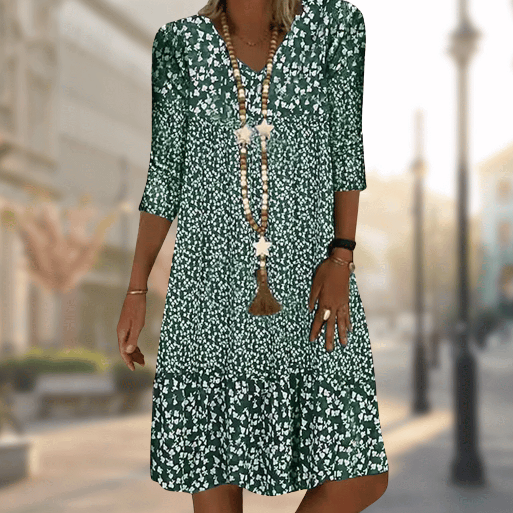 Women's Floral Pattern Boho Midi Dress | 3/4 Sleeves