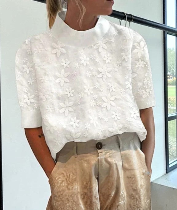 Top manches courtes à motif floral femme | Col montant
