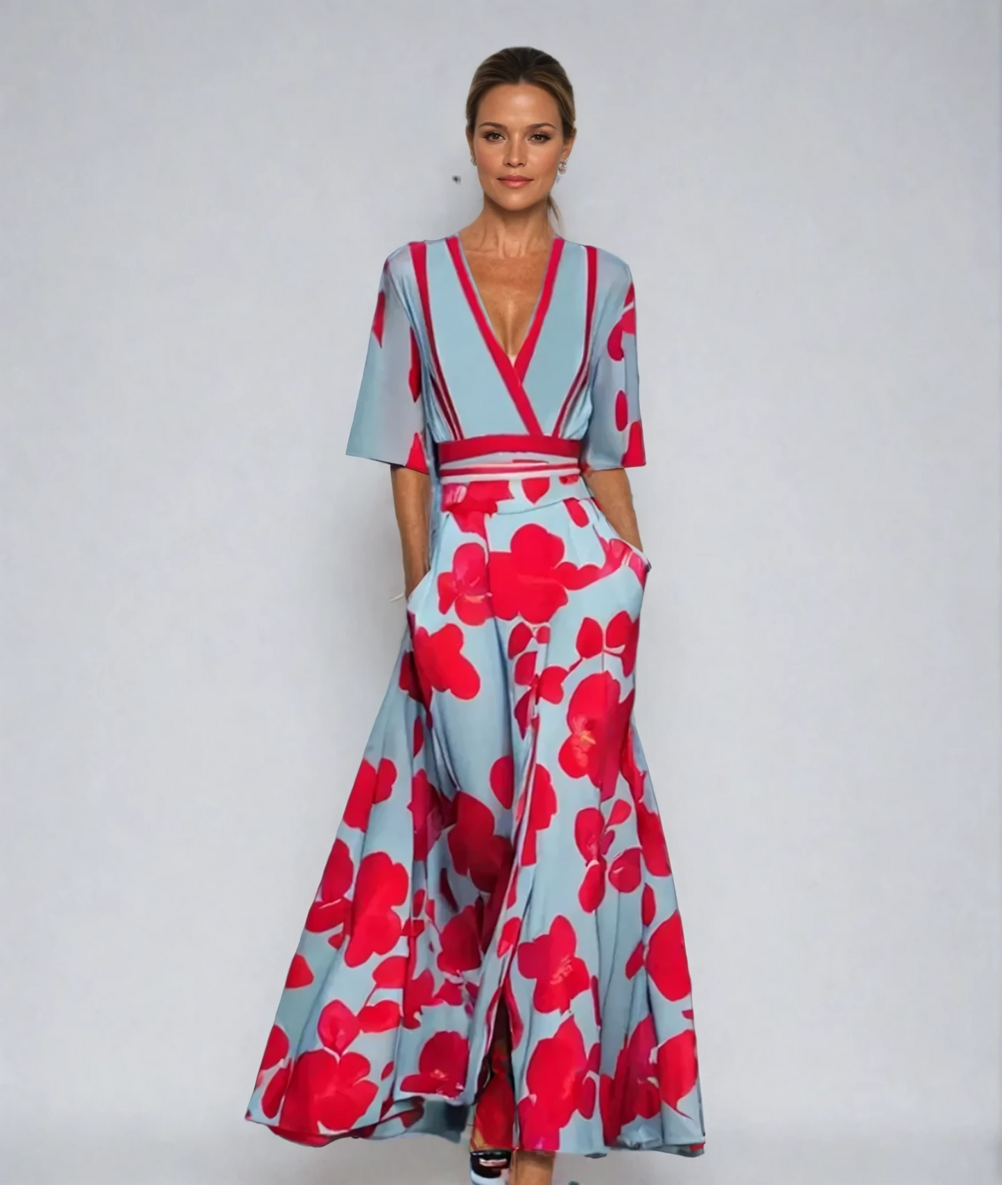 Damen Blumenmuster Wickel-Maxikleid | V-Ausschnitt