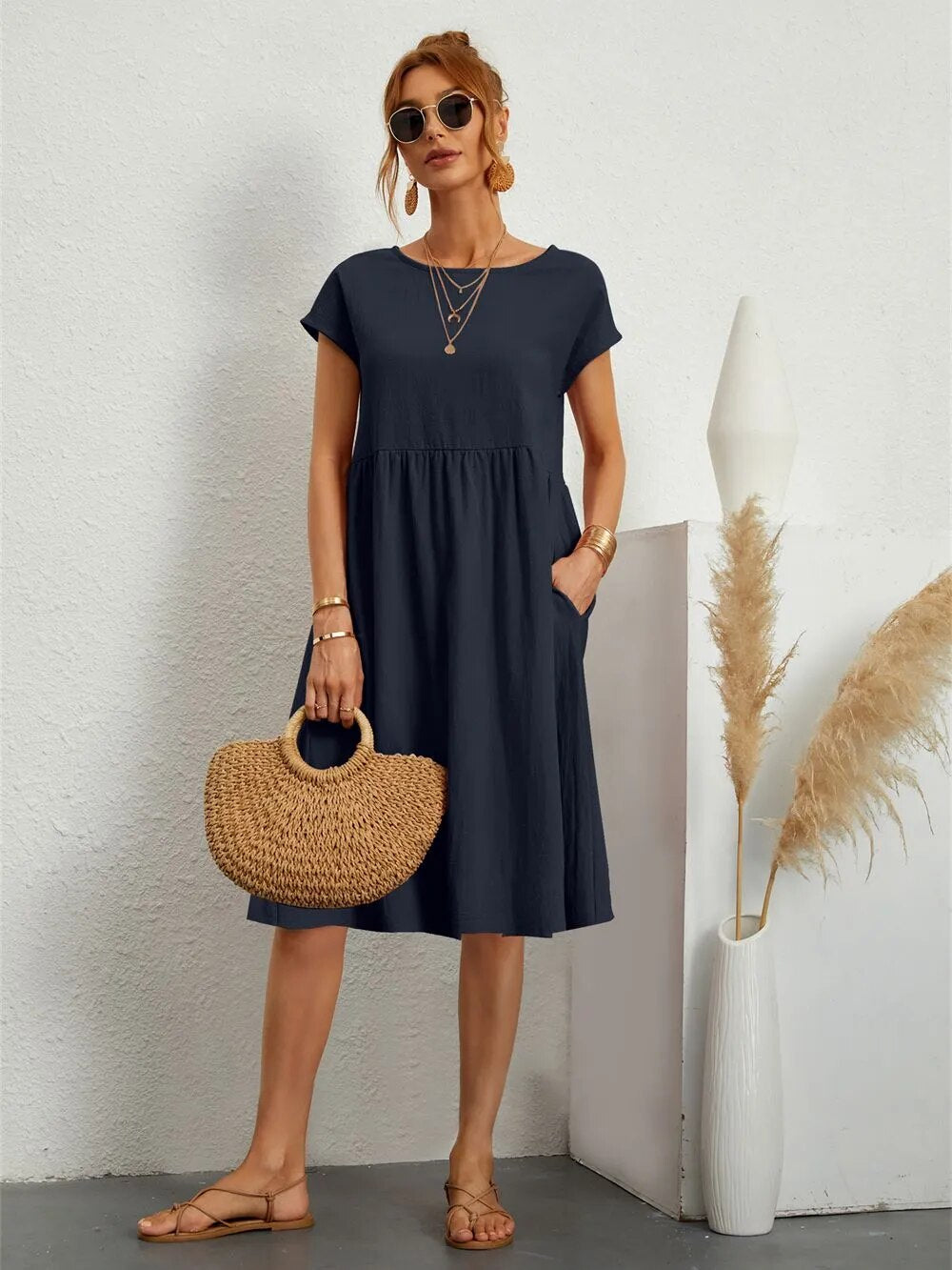 Robe midi décontractée à manches courtes pour femmes | Avec poches