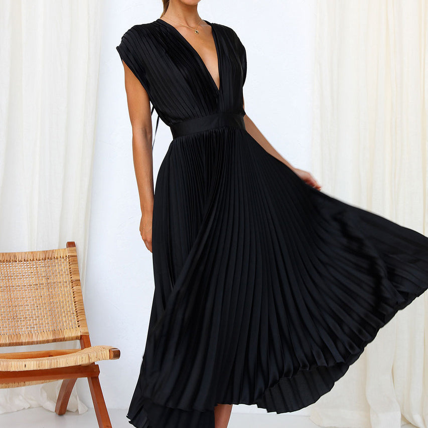 Robe de soirée plissée à col en V pour femmes | Maxi