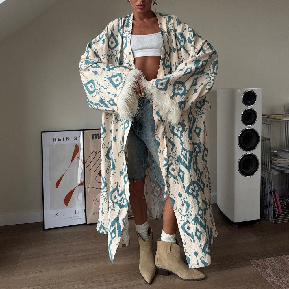 Kimono maxi-manteau beige turquoise imprimé à manches plumes pour femmes - Rachele