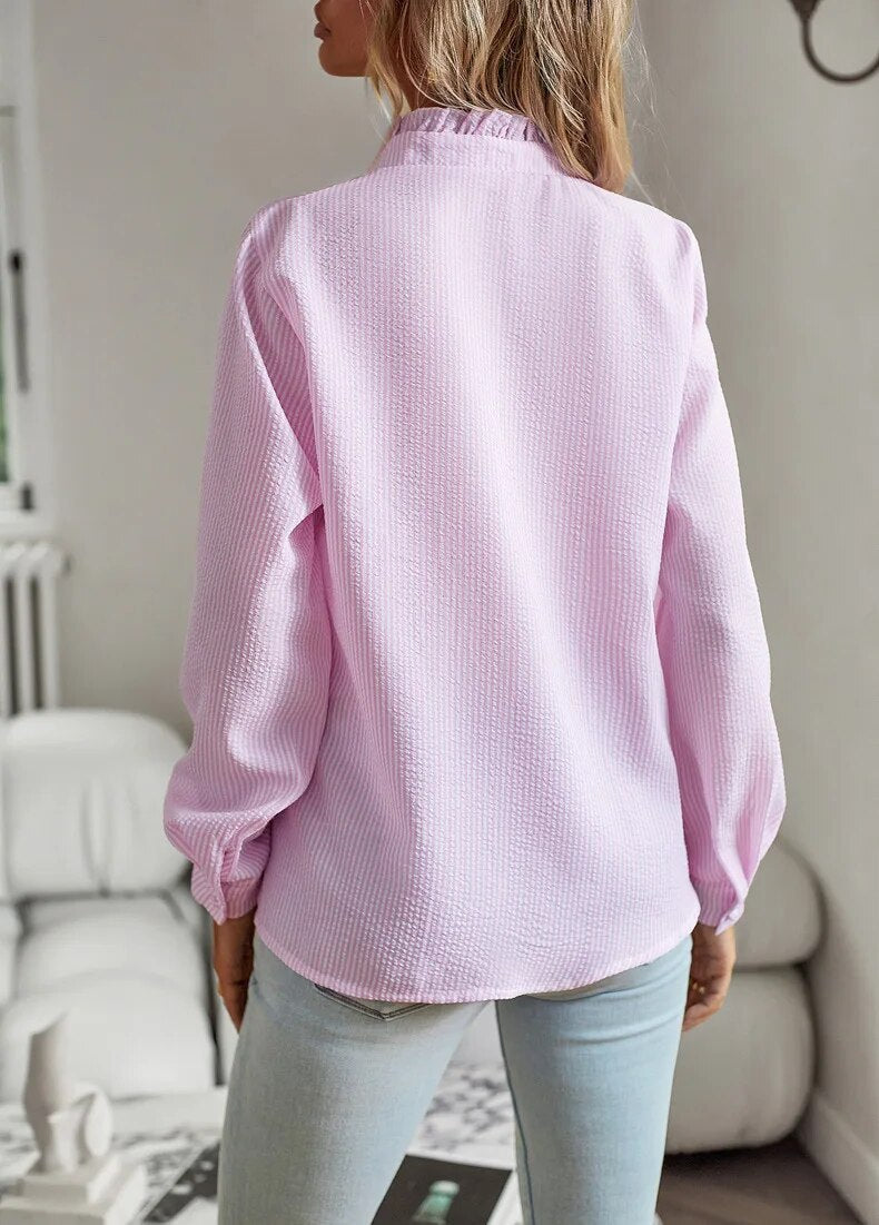 Women's Ruffle Trim Button-Front Blouse | Long Sleeve