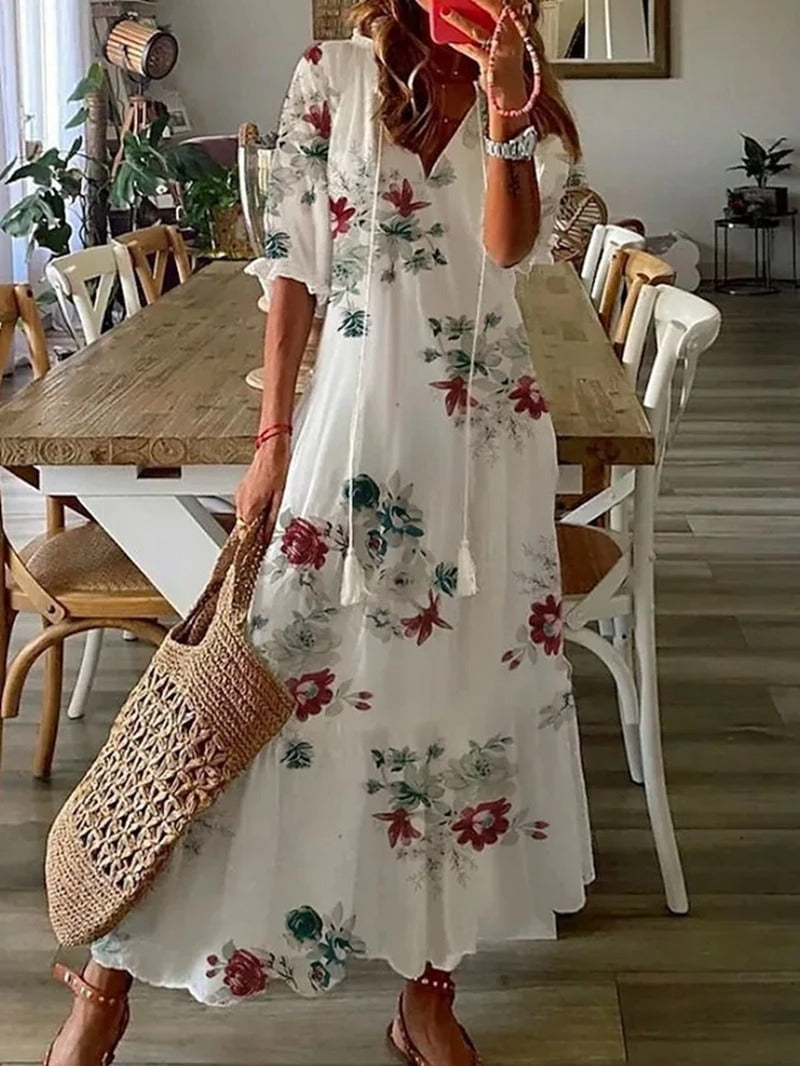 Robe d'été bohème à manches courtes et col en V pour femmes | Maxi