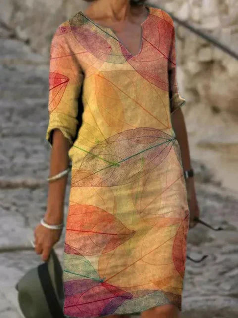 Robe d'été à motif feuilles pour femme | Col en V | Midi
