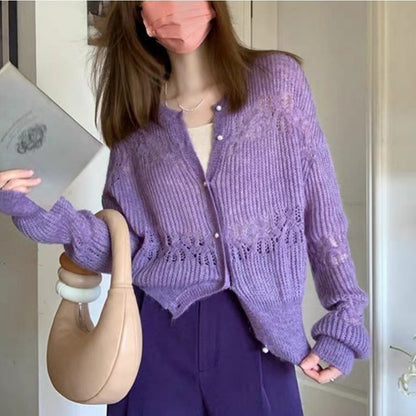 Cardigan tricoté violet à manches longues pour femmes - Gelsomina