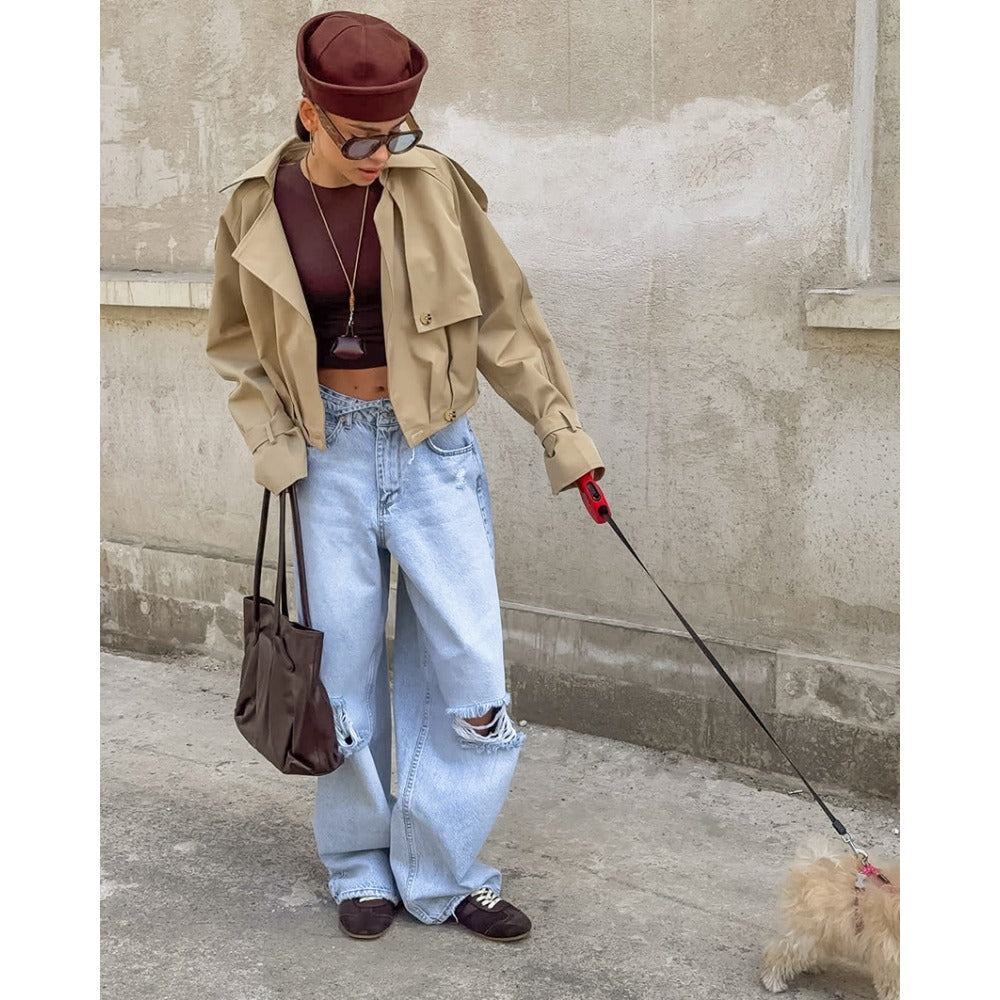 Trench-coat court kaki à large col pour femmes – Romana