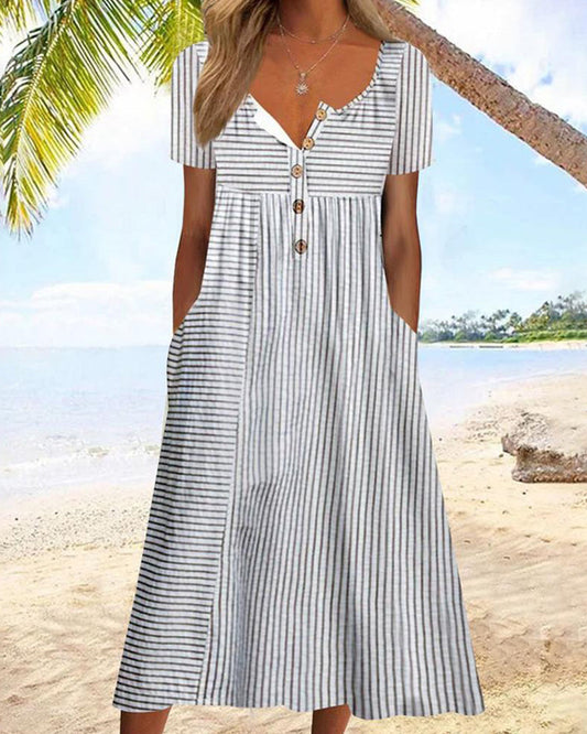 Robe d'été rayée à manches courtes avec poches pour femmes