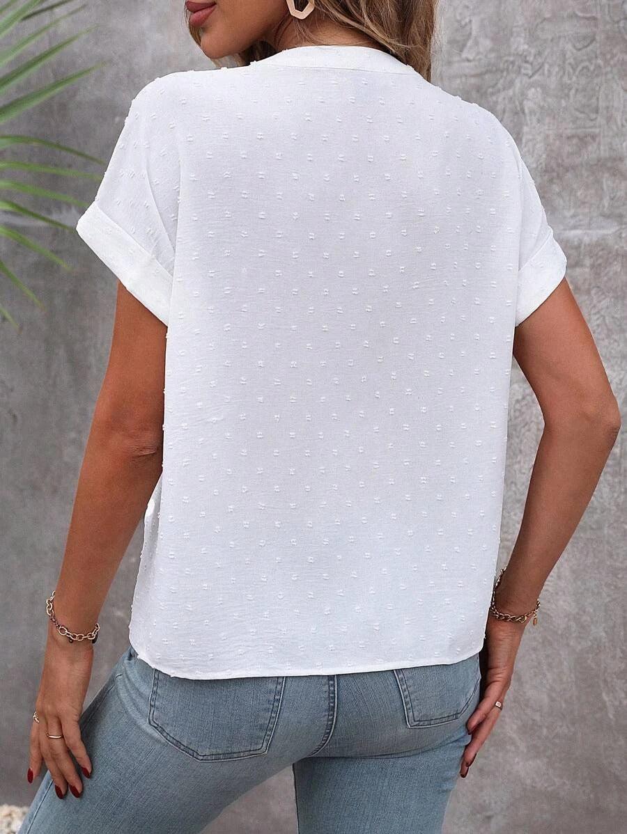 Damen Lässige Weiße V-Ausschnitt Knopfleiste Bluse | Kurzen Ärmeln