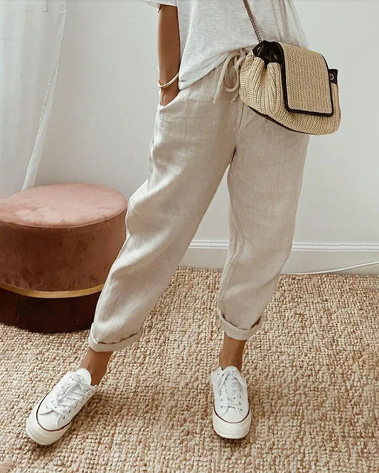 Pantalon en lin coupe ample décontracté femme | Avec cordon de serrage