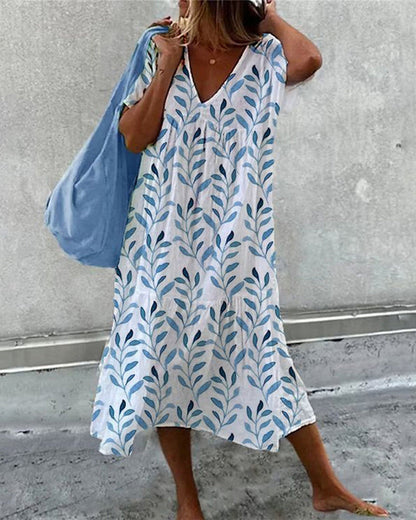 Women's V-Neck Leaf Print Summer Dress | Midi