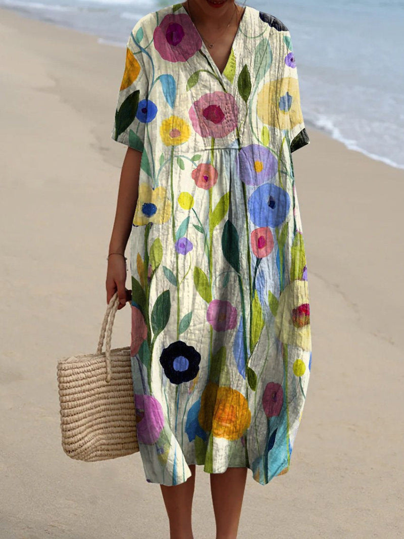 Robe d'été à motif floral et col en V femme | Midi