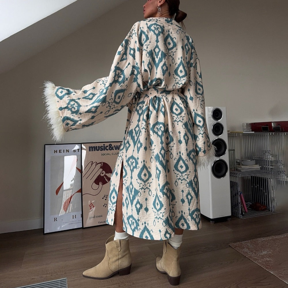 Kimono maxi-manteau beige turquoise imprimé à manches plumes pour femmes - Rachele