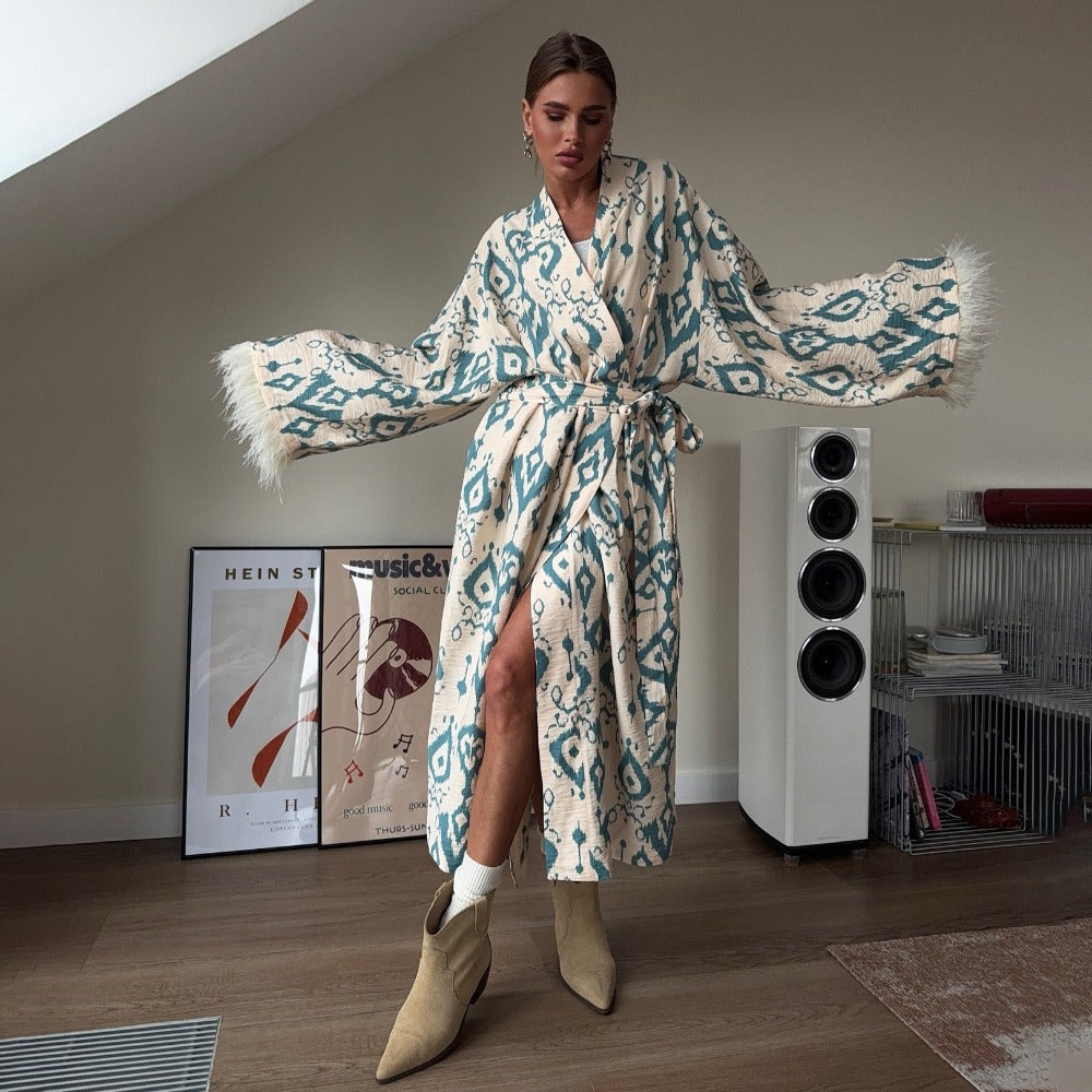 Kimono maxi-manteau beige turquoise imprimé à manches plumes pour femmes - Rachele