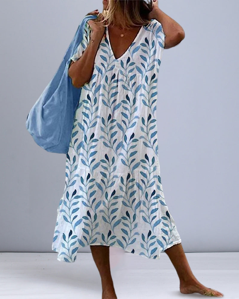 Women's V-Neck Leaf Print Summer Dress | Midi