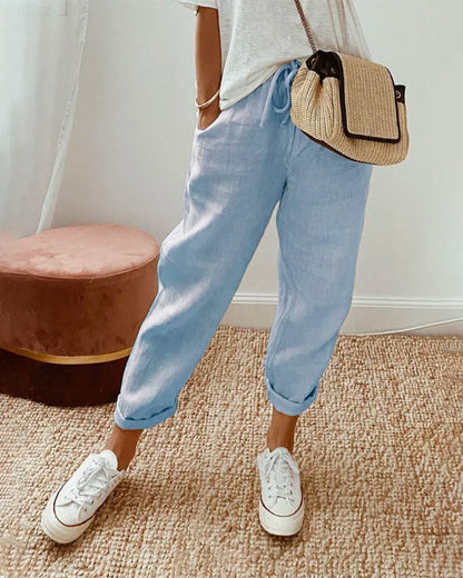 Pantalon en lin d'été pour femmes | Avec cordon de serrage