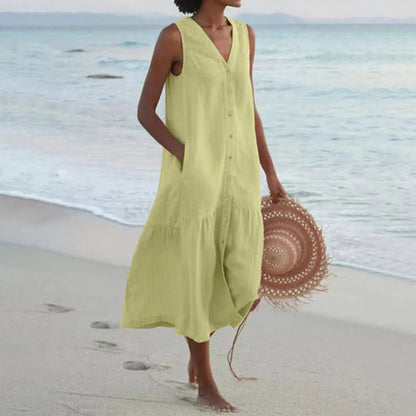 Damen Ärmellos V-Ausschnitt Strandkleid | Midi