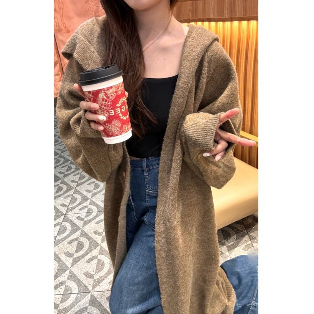 Cardigan lungo lavorato a maglia con cappuccio da donna – Ilaria