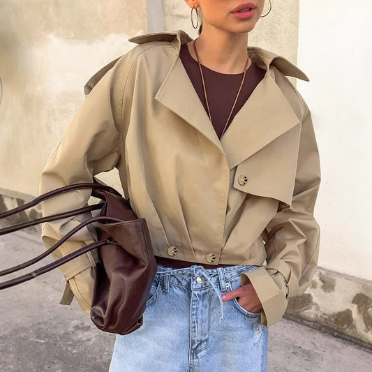 Trench-coat court kaki à large col pour femmes – Romana