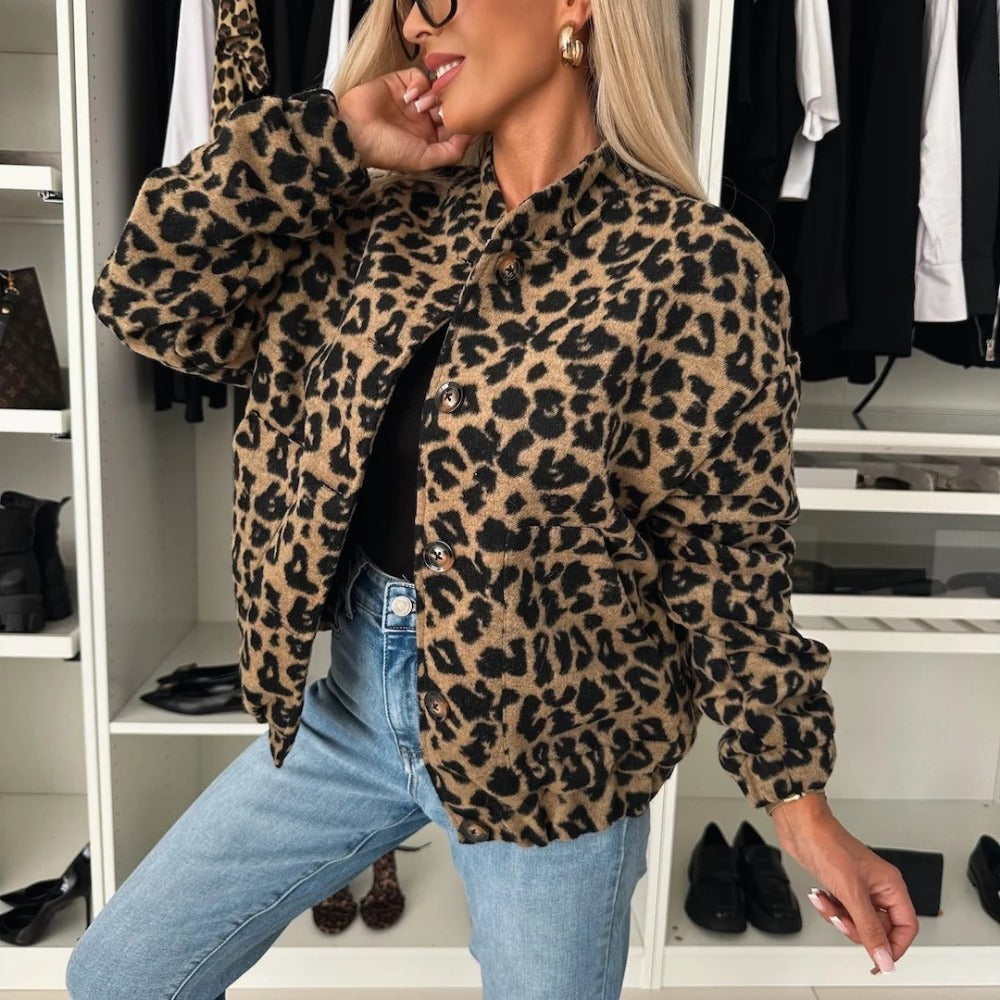 Veste marron à motif léopard et boutons pour femmes - Silvana