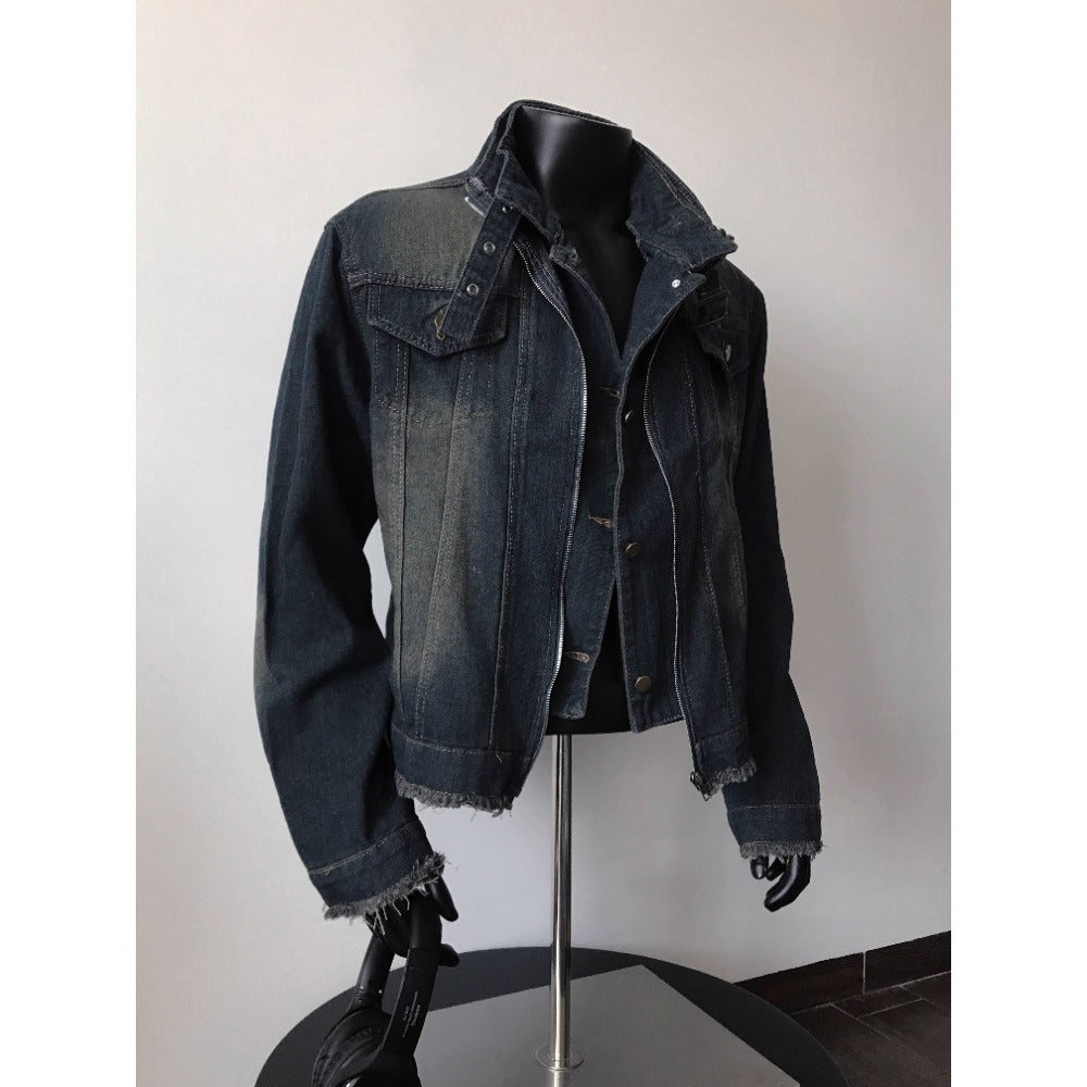 Veste en jean bleu foncé à ourlet effiloché pour femmes et hommes - Diana