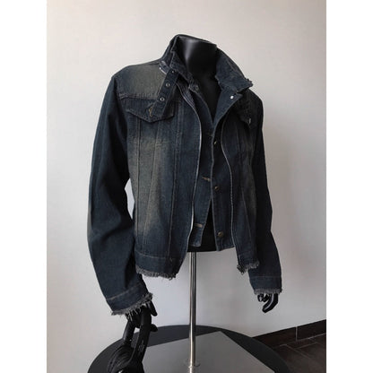 Veste en jean bleu foncé à ourlet effiloché pour femmes et hommes - Diana