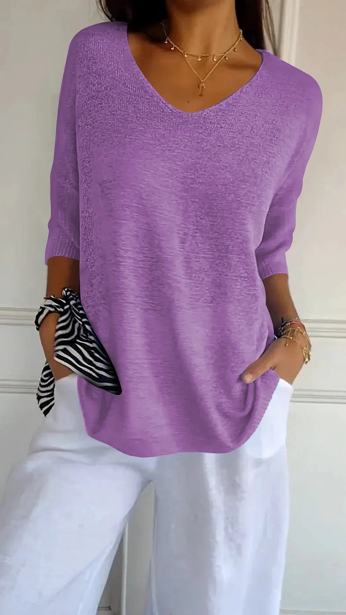 T-shirt décontracté à manches 3/4 et col en V pour femmes