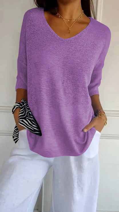 T-shirt décontracté à manches 3/4 et col en V pour femmes