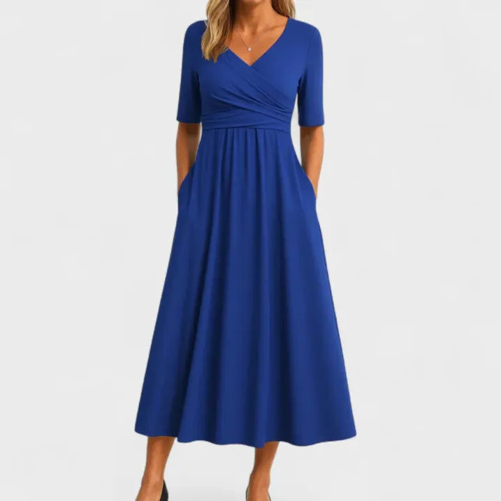Robe portefeuille à manches 3/4 et col en V pour femmes | Midi