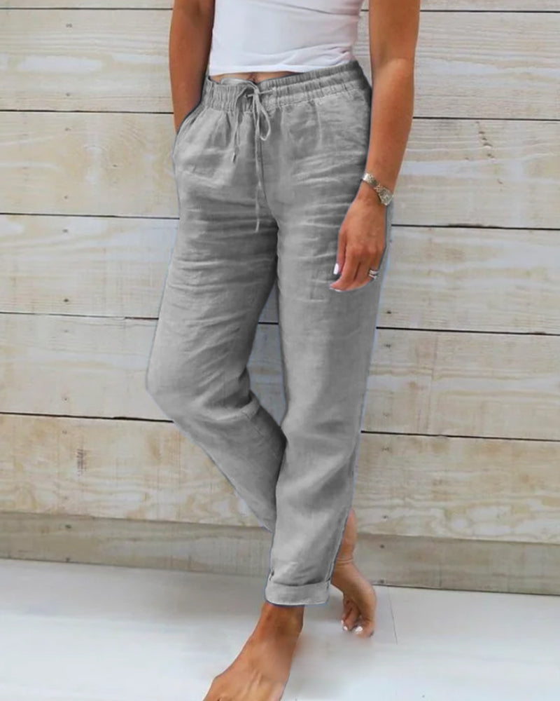 Pantalon en lin décontracté femme d'été | à cordon de serrage