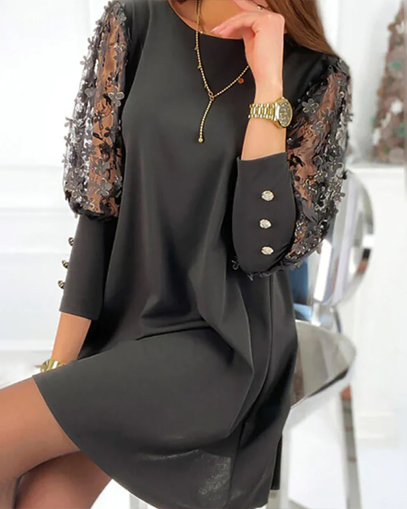 Women's Crew Neck Mini Dress | with Floral Sleeves