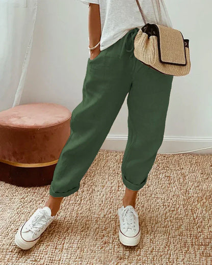 Pantalon en lin coupe ample décontracté femme | Avec cordon de serrage