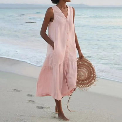 Damen Ärmellos V-Ausschnitt Strandkleid | Midi