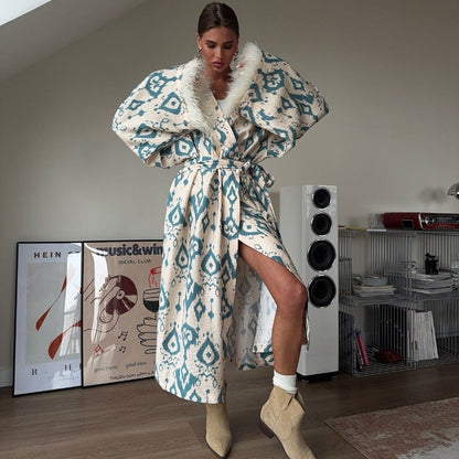 Kimono maxi-manteau beige turquoise imprimé à manches plumes pour femmes - Rachele