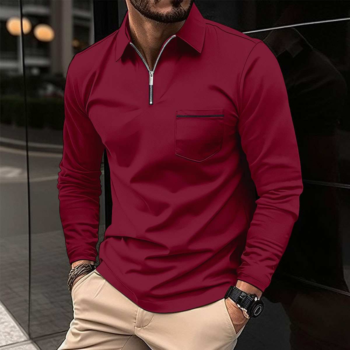Polo manches longues avec fermeture éclair pour homme