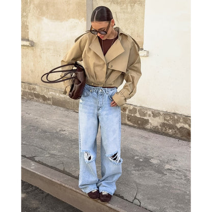 Trench-coat court kaki à large col pour femmes – Romana