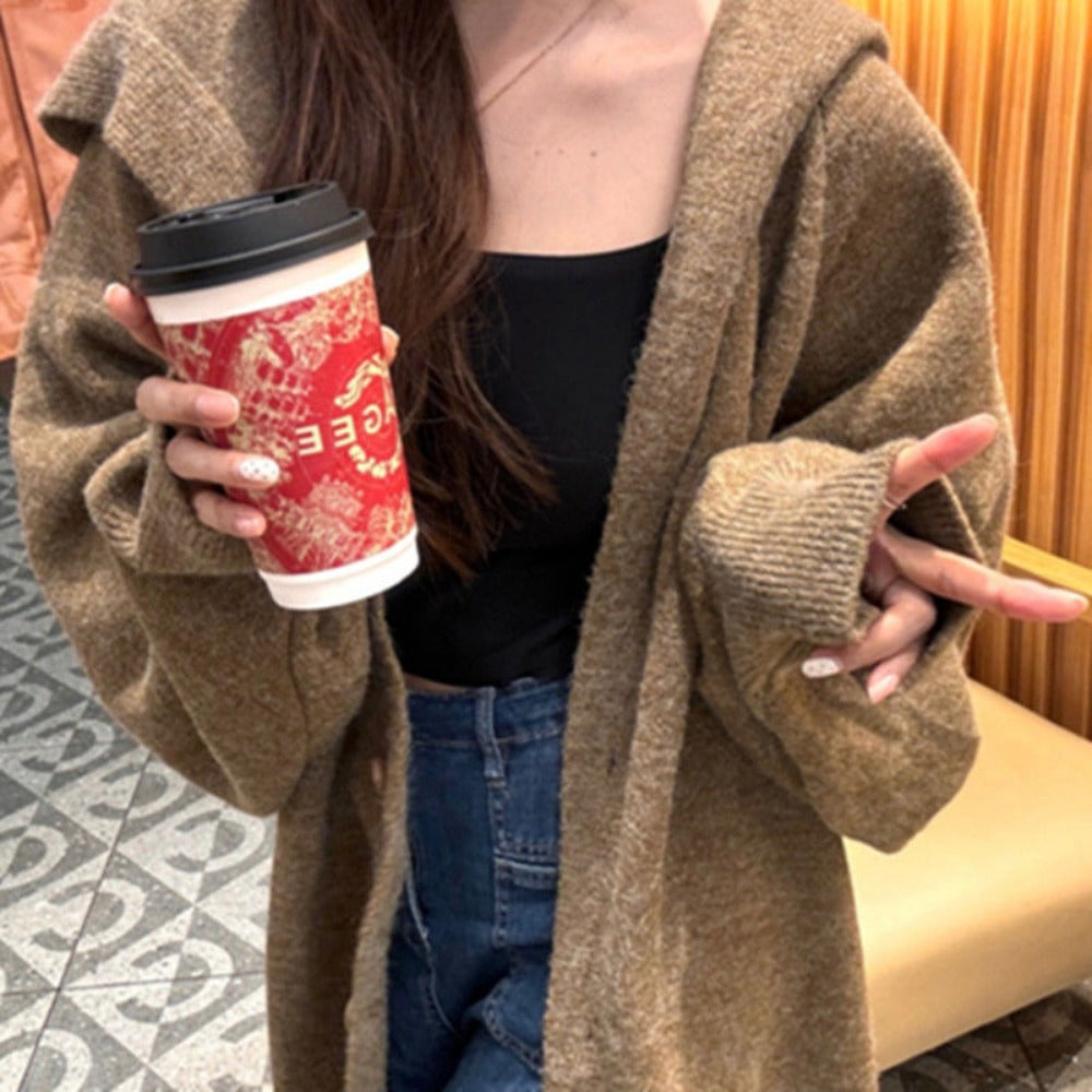 Cardigan lungo lavorato a maglia con cappuccio da donna – Ilaria