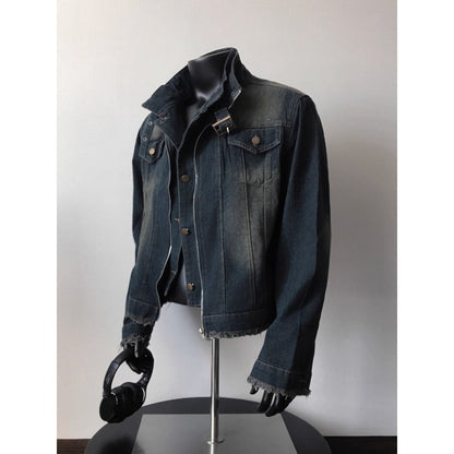 Veste en jean bleu foncé à ourlet effiloché pour femmes et hommes - Diana