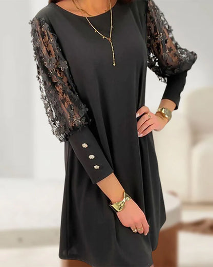 Women's Crew Neck Mini Dress | with Floral Sleeves