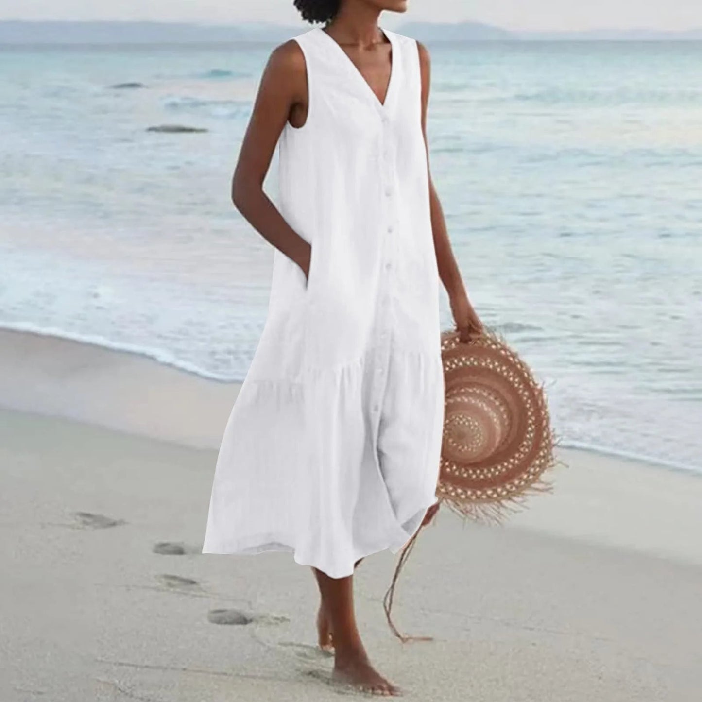 Damen Ärmellos V-Ausschnitt Strandkleid | Midi