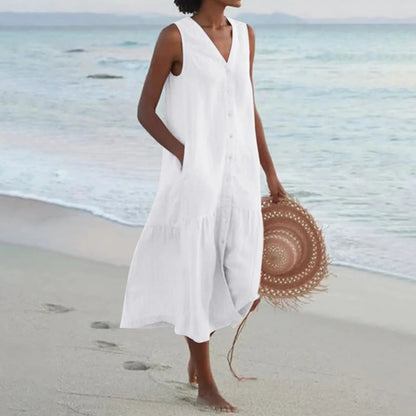 Damen Ärmellos V-Ausschnitt Strandkleid | Midi