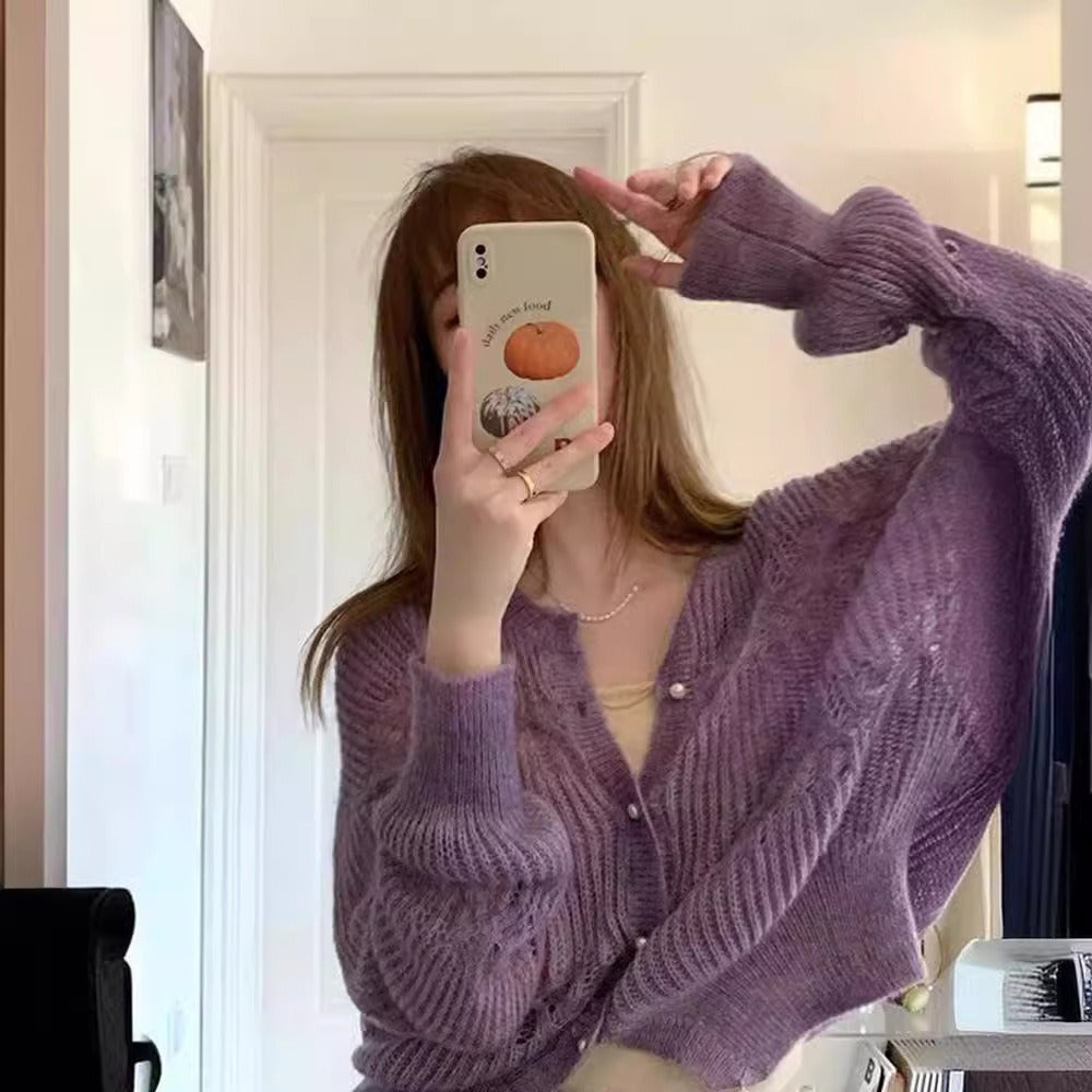 Cardigan tricoté violet à manches longues pour femmes - Gelsomina