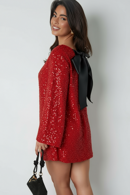 Women's Long Sleeve Wedding Guest Dress with Bow Details | Mini
