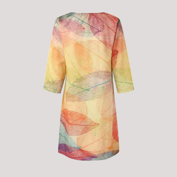 Robe d'été à motif feuilles pour femme | Col en V | Midi