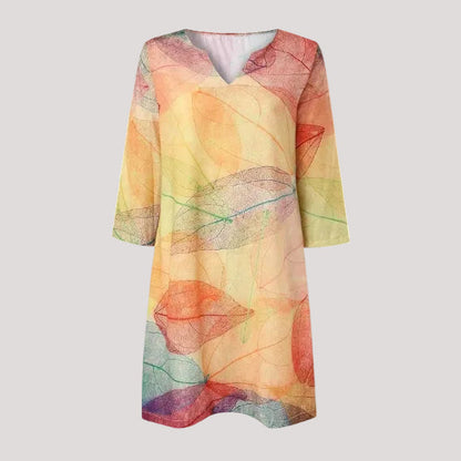 Robe d'été à motif feuilles pour femme | Col en V | Midi